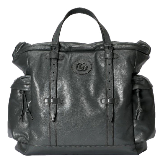 Gucci Gray Leather Drawstring Tote Bag With Tonal Double G Logo available at Queen Bee of Beverly Hills