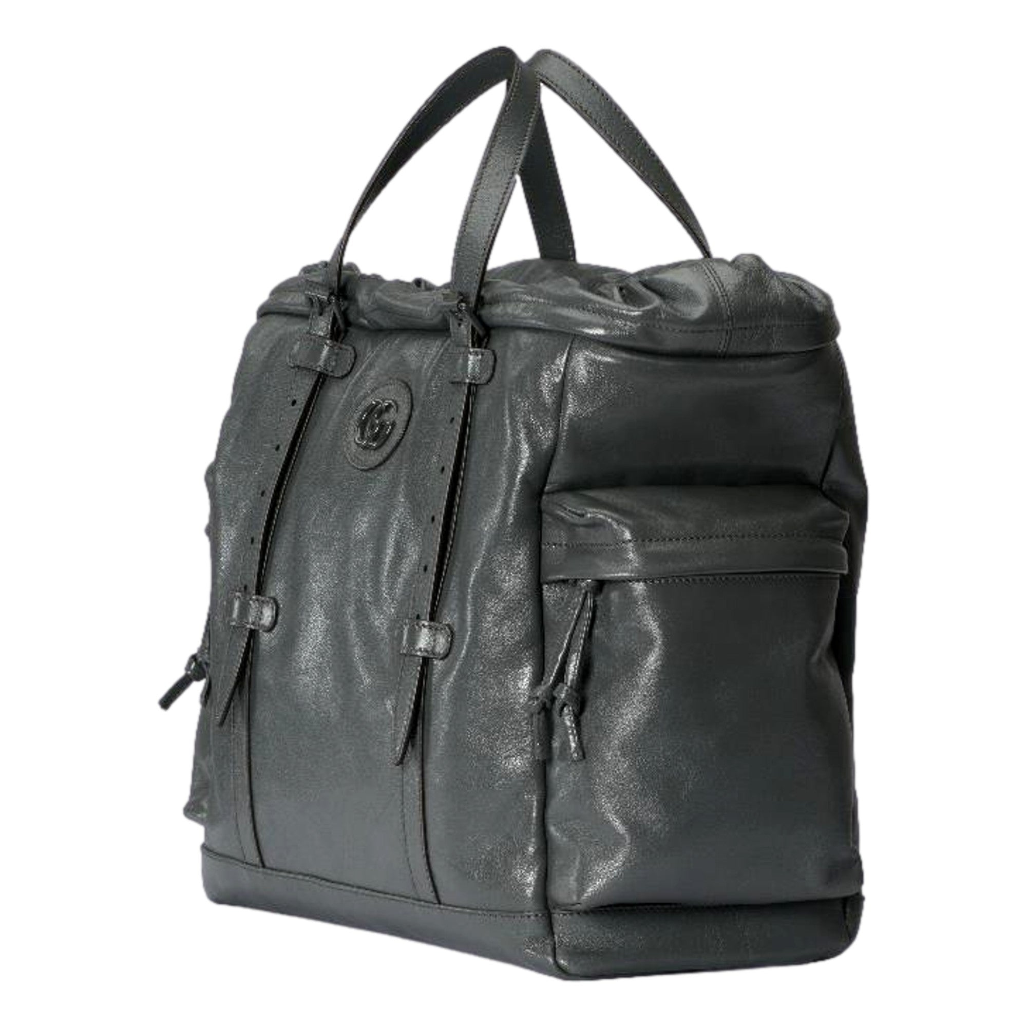 Gucci Gray Leather Drawstring Tote Bag With Tonal Double G Logo available at Queen Bee of Beverly Hills