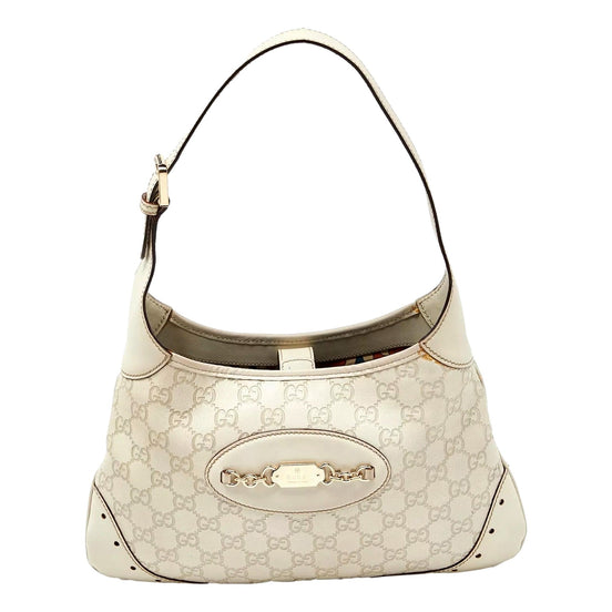 Gucci Guccissima Punch Hobo Handbag Logo White Leather Pre-Owned available at Queen Bee of Beverly Hills