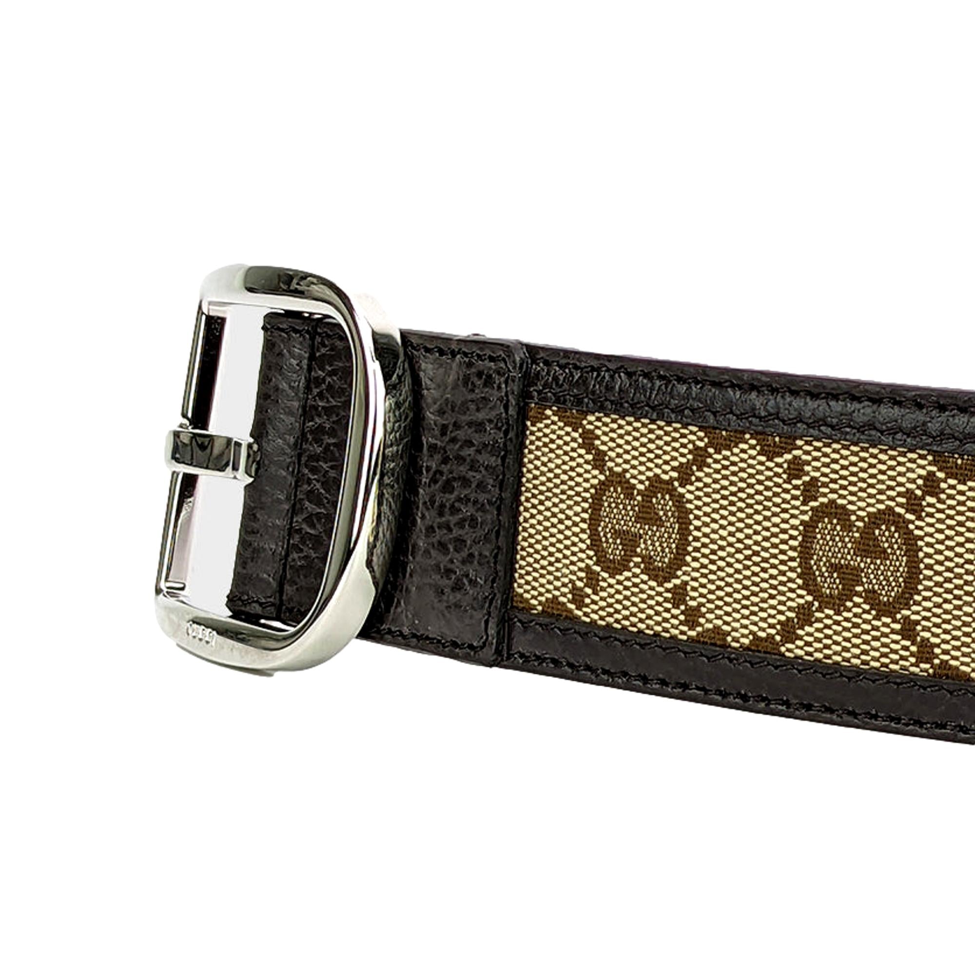 Gucci Guccisssima Brown and Beige Canvas Leather Trim Belt Size 100/40 at_Queen_Bee_of_Beverly_Hills