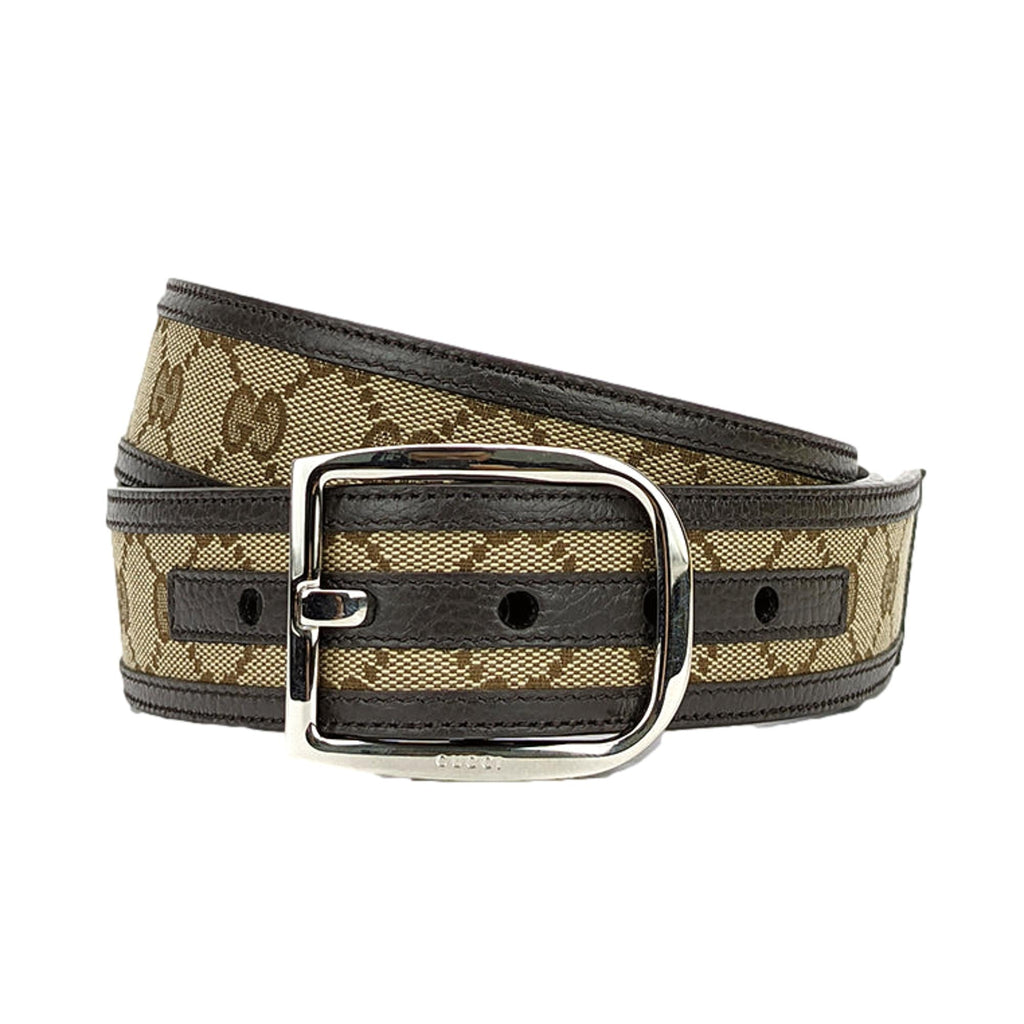 Gucci Guccisssima Brown and Beige Canvas Leather Trim Belt Size 100/40 at_Queen_Bee_of_Beverly_Hills