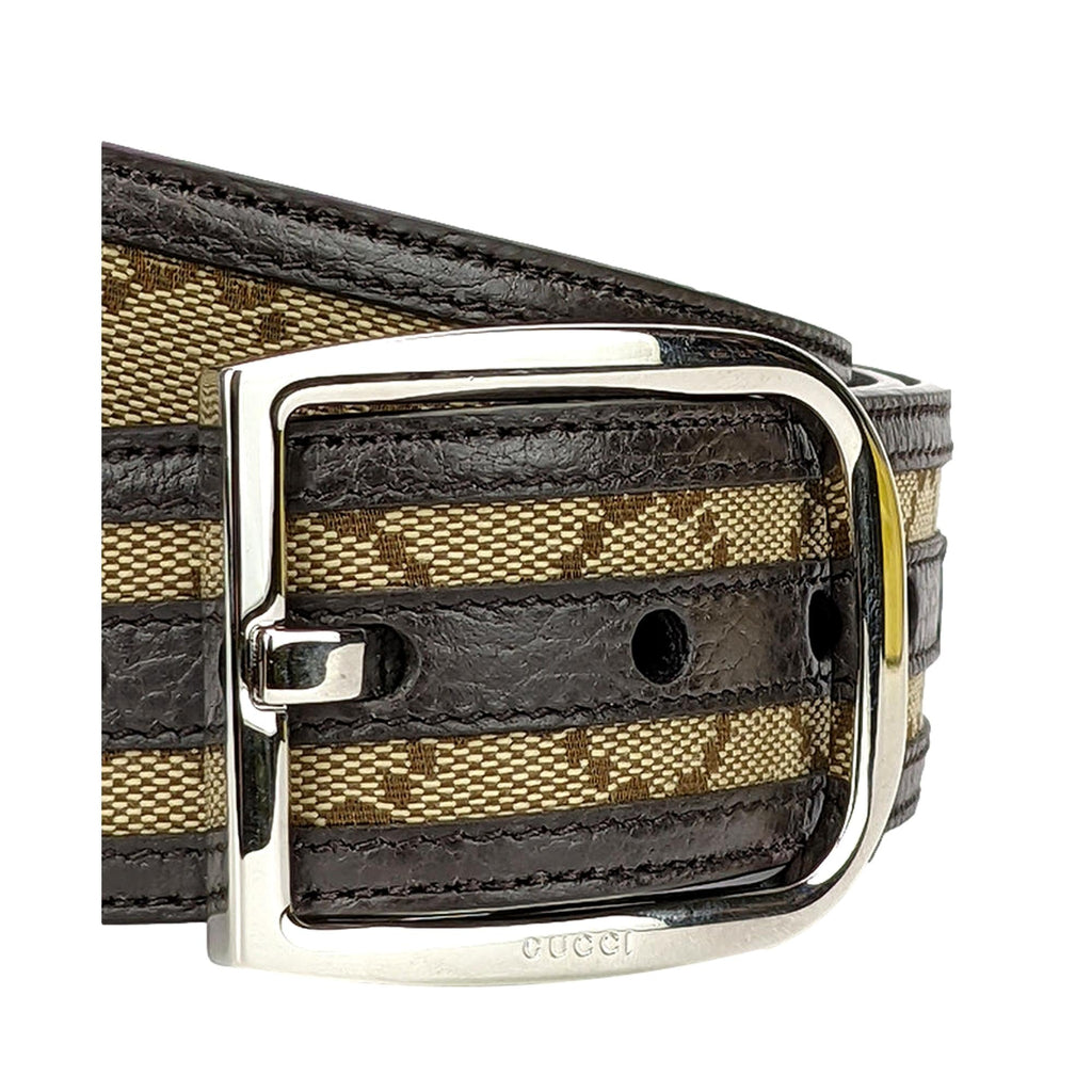 Gucci Guccisssima Brown and Beige Canvas Leather Trim Belt Size 36/90 at_Queen_Bee_of_Beverly_Hills