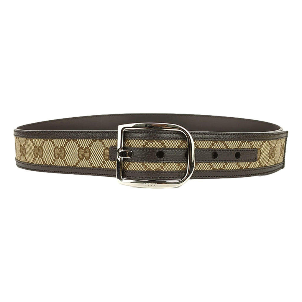 Gucci GG Brown and Beige Canvas Leather Trim Belt Size 36/90