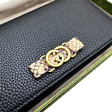Gucci Interlocking Double G Python Leather Bow Chain Wallet Black available at Queen Bee of Beverly Hills