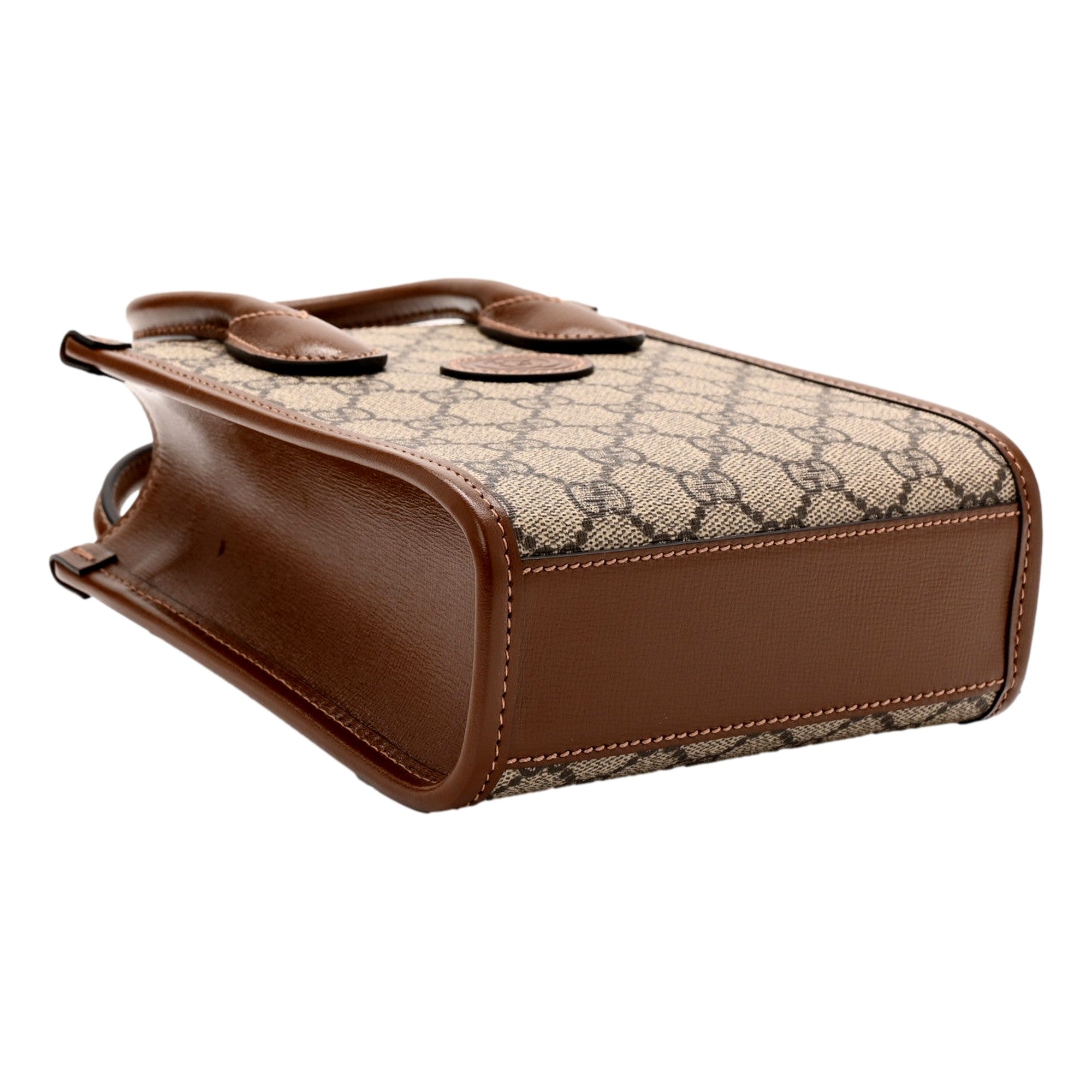 Gucci Interlocking G Leather Emblem Supreme Canvas Brown Leather Mini Shopper Tote