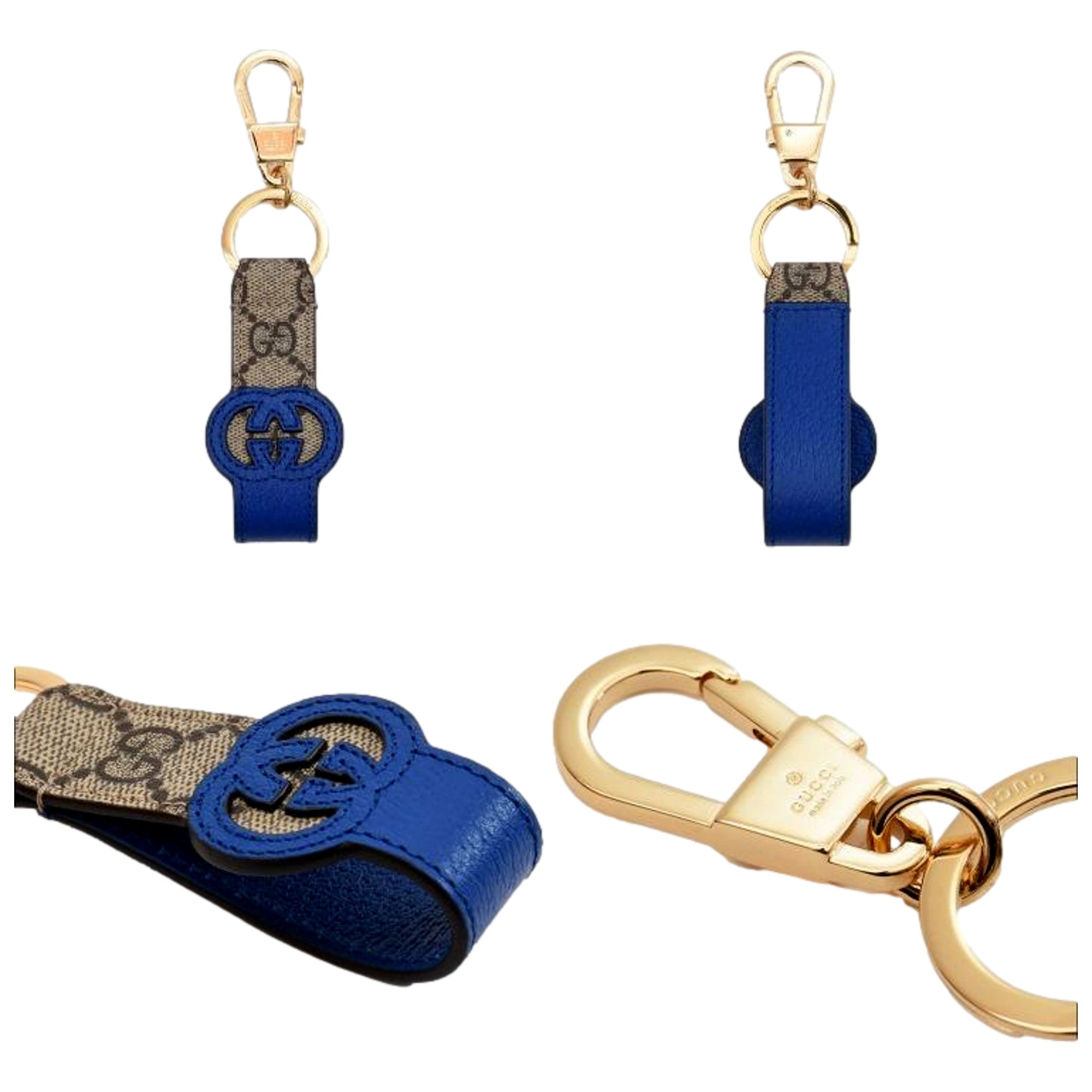Gucci Interlocking GG Supreme Canvas and Blue Leather Keychain Charm available at Queen Bee of Beverly Hills