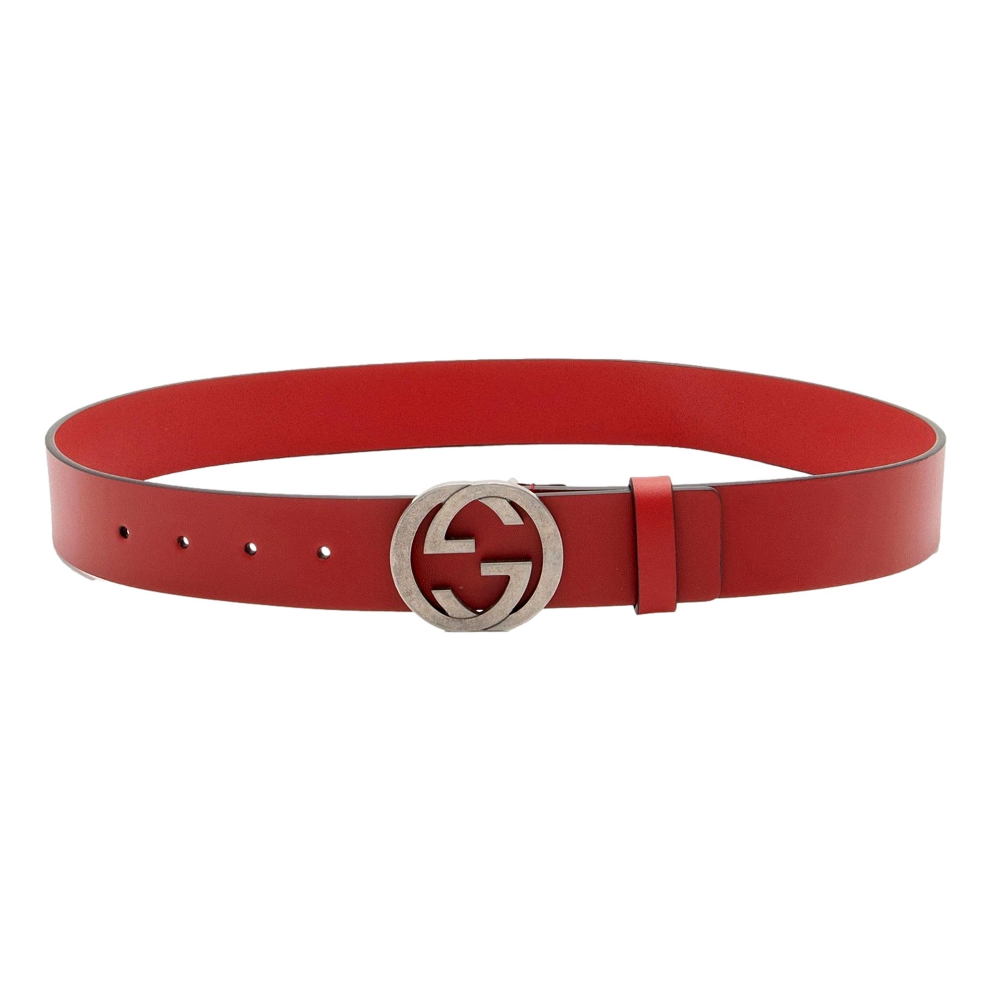 Gucci Interlocking Leather GG Buckle Antiqued Silver Tone Belt Rosso Red 90/36 available at Queen Bee of Beverly Hills