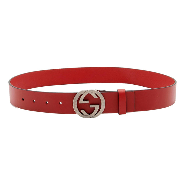 Gucci Interlocking Leather GG Buckle Antiqued Silver Tone Belt Rosso Red 90/36 available at Queen Bee of Beverly Hills