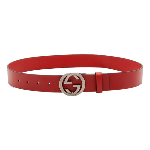 Gucci Interlocking Leather GG Buckle Antiqued Silver Tone Belt Rosso Red 90/36 available at Queen Bee of Beverly Hills