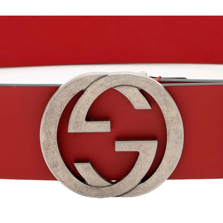 Gucci Interlocking Leather GG Buckle Antiqued Silver Tone Belt Rosso Red 90/36 available at Queen Bee of Beverly Hills