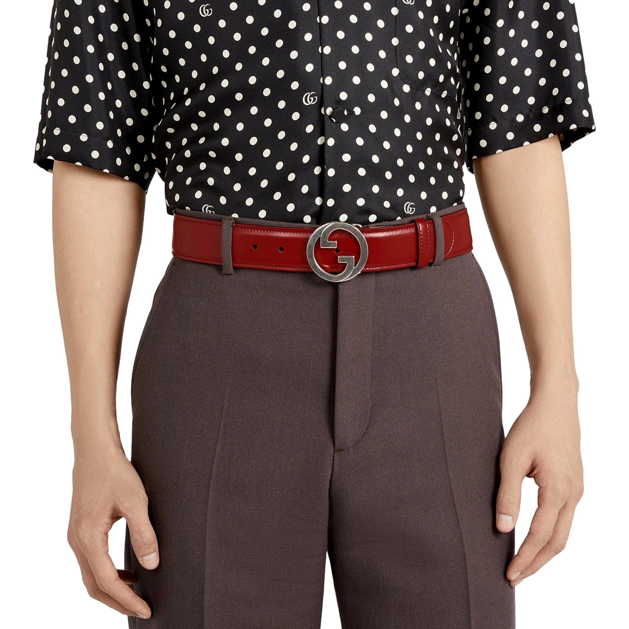 Gucci Interlocking Leather GG Buckle Antiqued Silver Tone Belt Rosso Red 90/36 available at Queen Bee of Beverly Hills