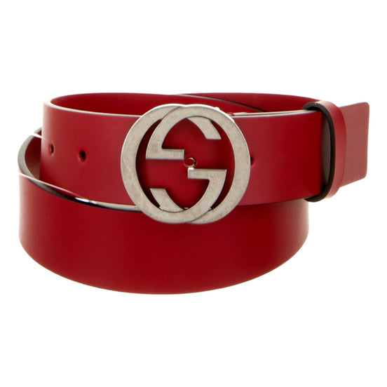 Gucci Interlocking Leather GG Buckle Antiqued Silver Tone Belt Rosso Red 90/36 available at Queen Bee of Beverly Hills