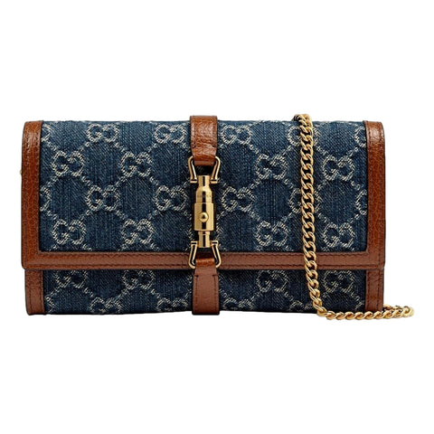 Gucci Jackie 1961 GG Monogram Blue Denim Leather Trim Chain Wallet at_Queen_Bee_of_Beverly_Hills