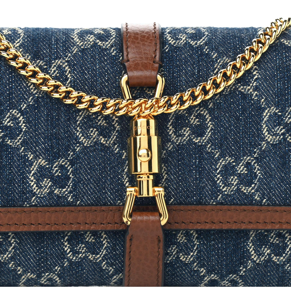 Gucci Jackie 1961 GG Monogram Blue Denim Leather Trim Chain Wallet at_Queen_Bee_of_Beverly_Hills