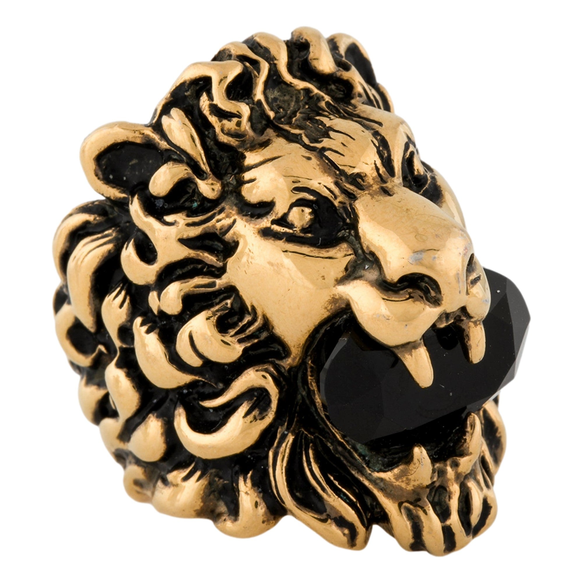 Gucci Lion Head King Ring With Crystal Aged Gold and Black 10 available at Queen Bee of Beverly Hills