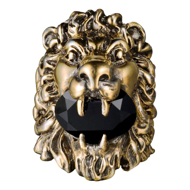 Gucci Lion Head King Ring With Crystal Aged Gold and Black 10 available at Queen Bee of Beverly Hills