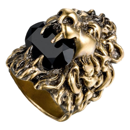 Gucci Lion Head King Ring With Crystal Aged Gold and Black 10 available at Queen Bee of Beverly Hills