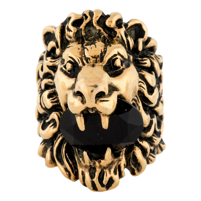 Gucci Lion Head King Ring With Crystal Aged Gold and Black 10 available at Queen Bee of Beverly Hills