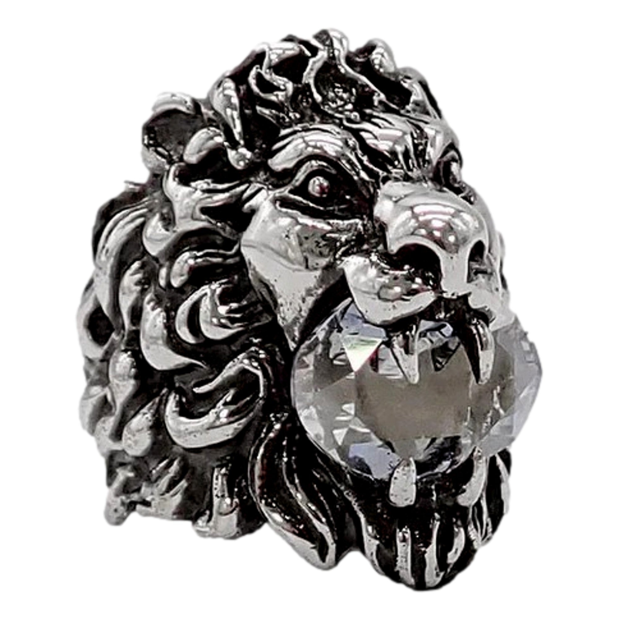 Gucci Lion Head Motif Silver Ring Crystal Size 10 available at Queen Bee of Beverly Hills