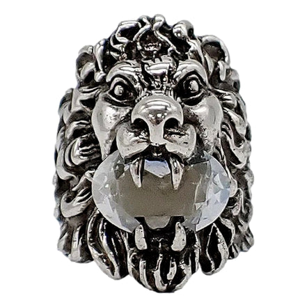 Gucci Lion Head Motif Silver Ring Crystal Size 10 available at Queen Bee of Beverly Hills