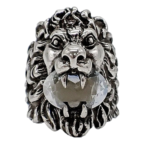 Gucci Lion Head Motif Silver Ring Crystal Size 10 available at Queen Bee of Beverly Hills