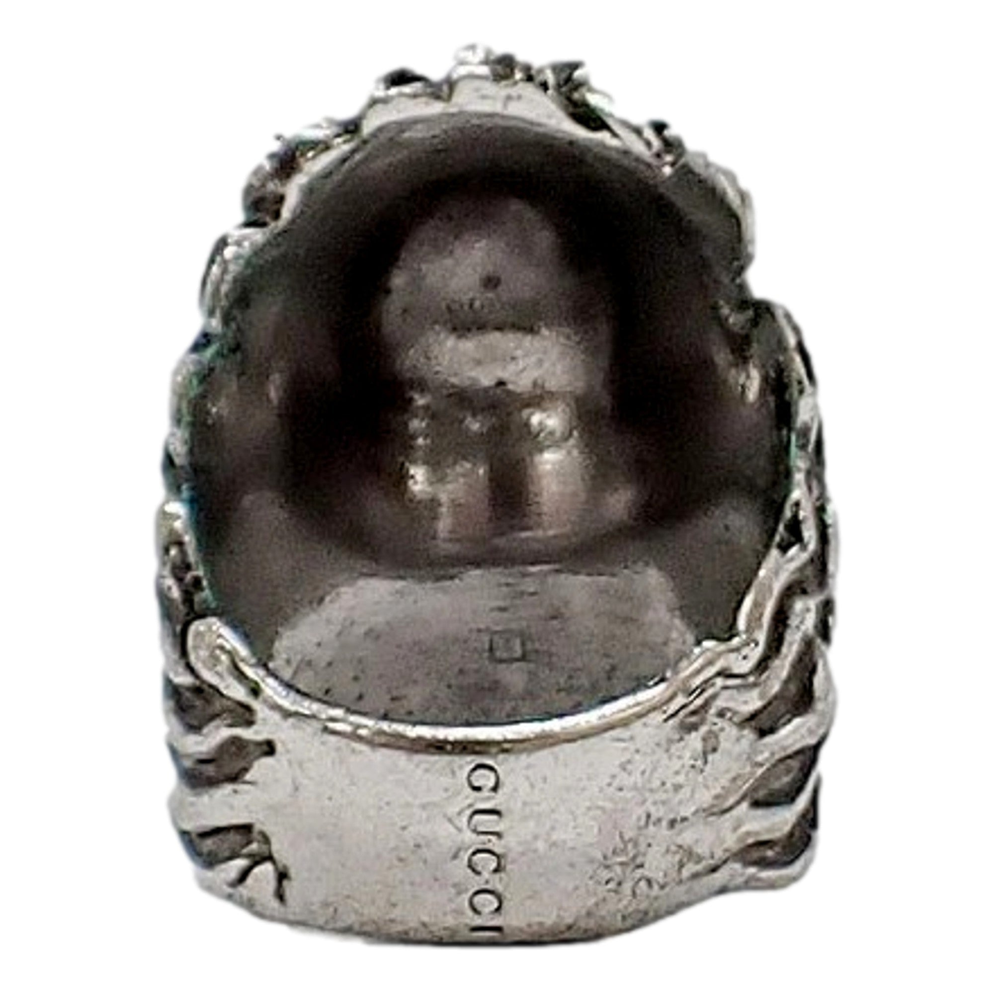 Gucci Lion Head Motif Silver Ring Crystal Size 10 available at Queen Bee of Beverly Hills