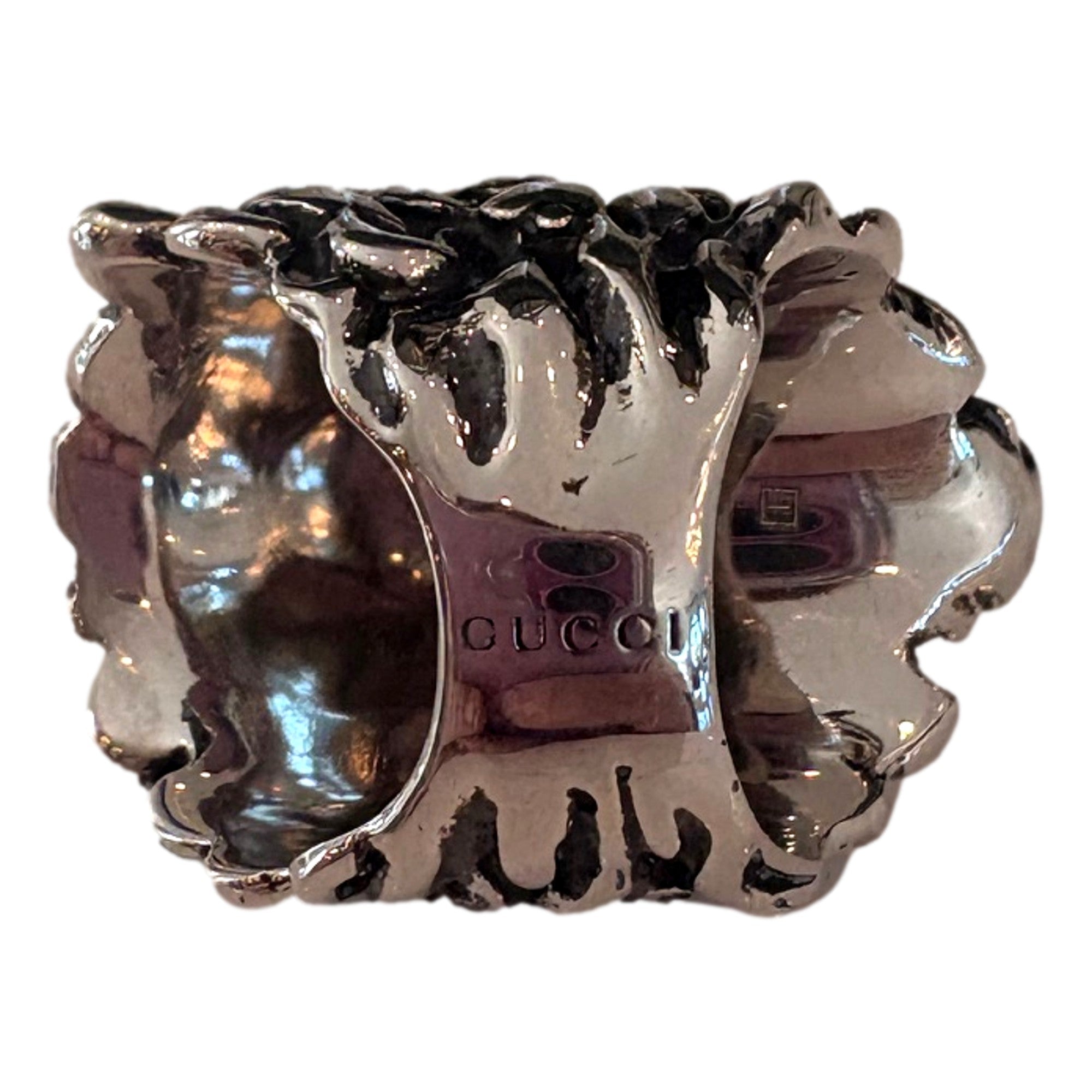 Gucci Lion Head Motif Silver Ring Light Pink Crystal Size 10 available at Queen Bee of Beverly Hills