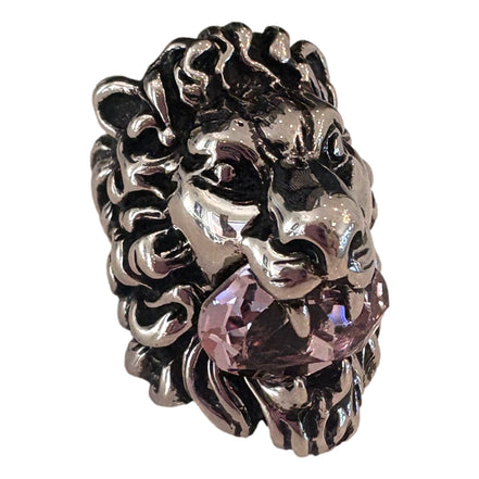 Gucci Lion Head Motif Silver Ring Light Pink Crystal Size 10 available at Queen Bee of Beverly Hills