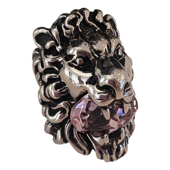 Gucci Lion Head Motif Silver Ring Light Pink Crystal Size 10 available at Queen Bee of Beverly Hills