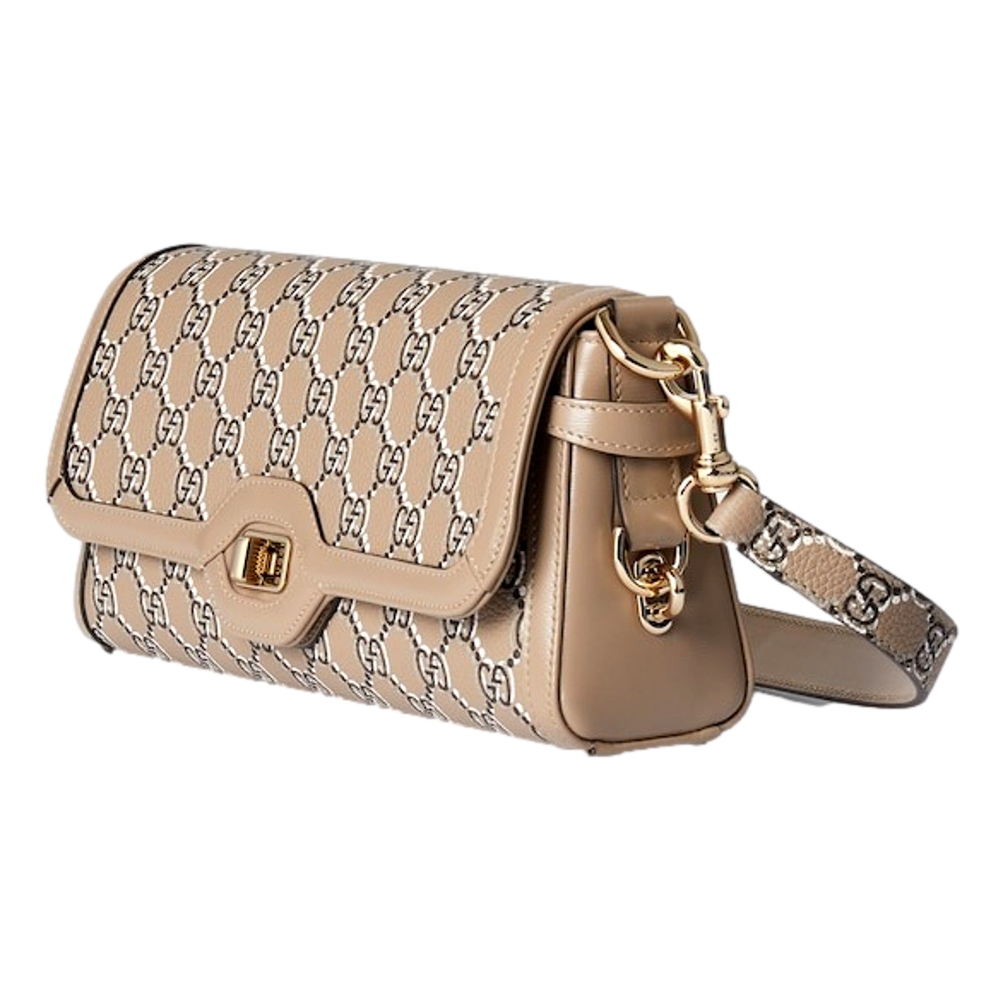 Gucci Luce Optical Printed GG Leather Beige Shoulder Bag available at Queen Bee of Beverly Hills