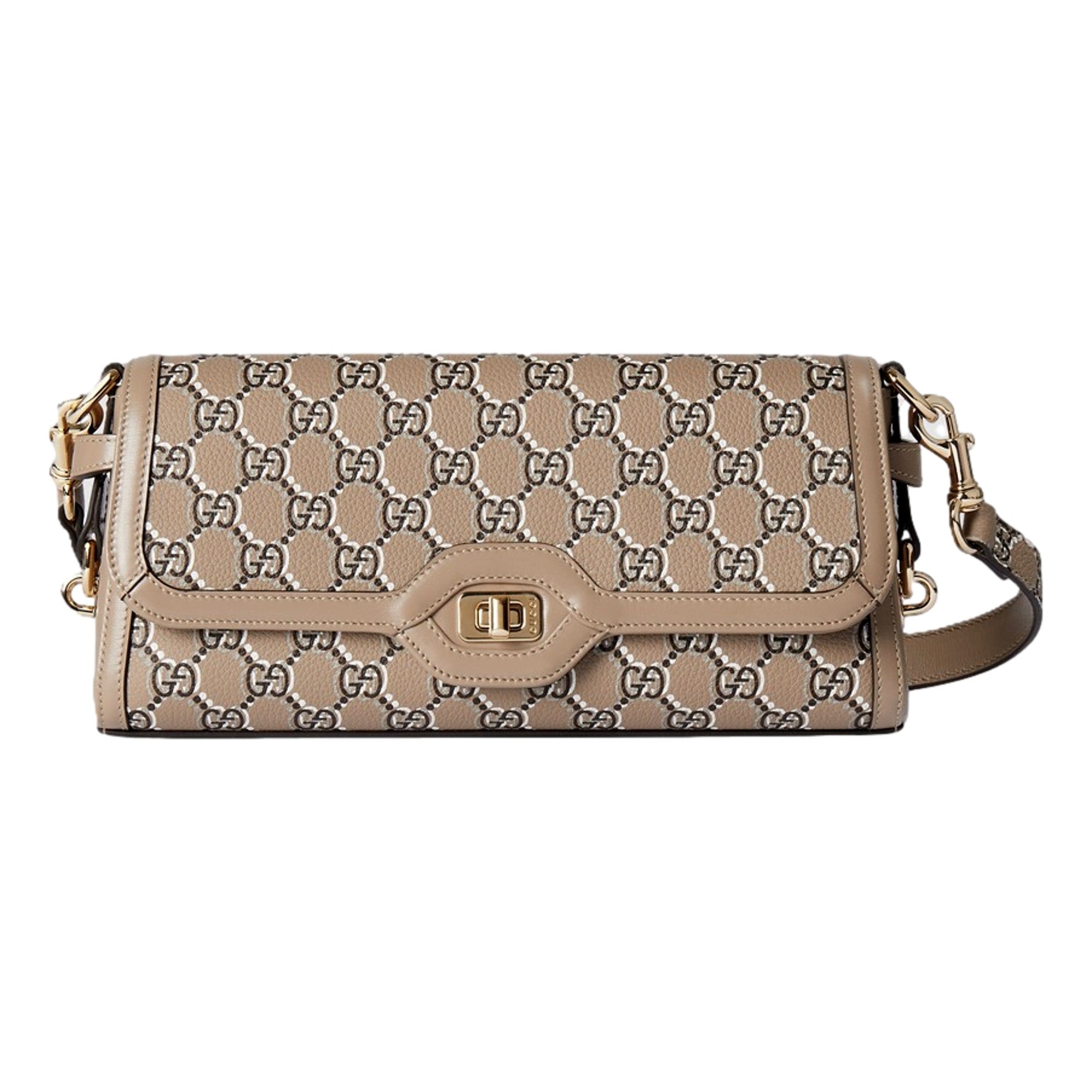 Gucci Luce Optical Printed GG Leather Beige Shoulder Bag available at Queen Bee of Beverly Hills