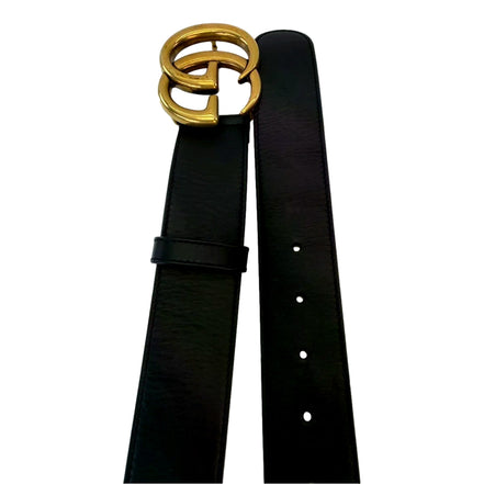 Gucci GG Marmont Wide Belt Black Leather with Antique Gold Double G Buckle Size 90/36 - available at Queen Bee of Beverly Hills.
