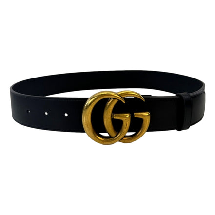 Gucci GG Marmont Wide Belt Black Leather with Antique Gold Double G Buckle Size 90/36 - available at Queen Bee of Beverly Hills.