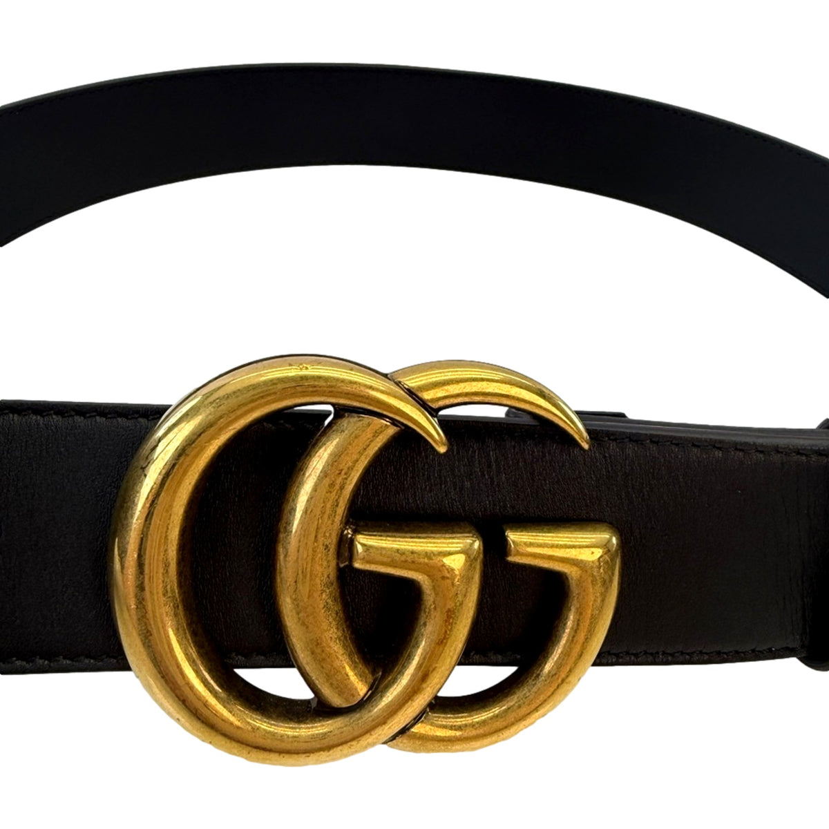 Gucci GG Marmont Wide Belt Black Leather with Antique Gold Double G Buckle Size 90/36 - available at Queen Bee of Beverly Hills.