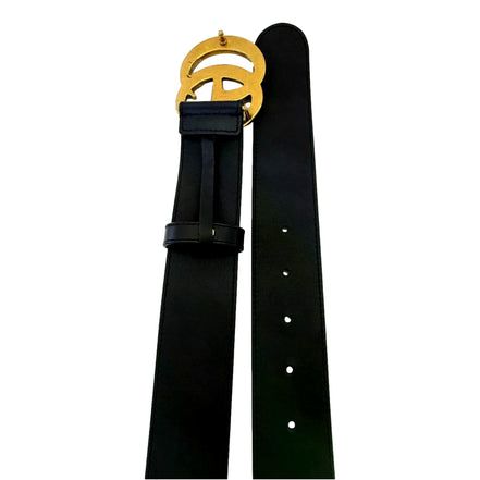 Gucci GG Marmont Wide Belt Black Leather with Antique Gold Double G Buckle Size 90/36 - available at Queen Bee of Beverly Hills.