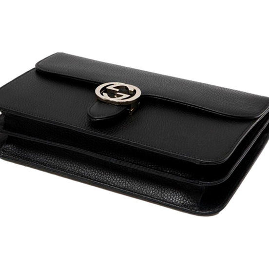 Gucci Marmont Black Leather Interlocking GG Gold Chain Strap Crossbody Handbag available at Queen Bee of Beverly Hills