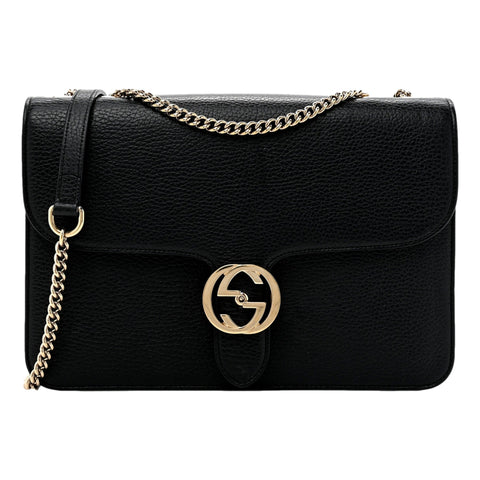 Gucci Marmont Black Leather Interlocking GG Gold Chain Strap Crossbody Handbag available at Queen Bee of Beverly Hills