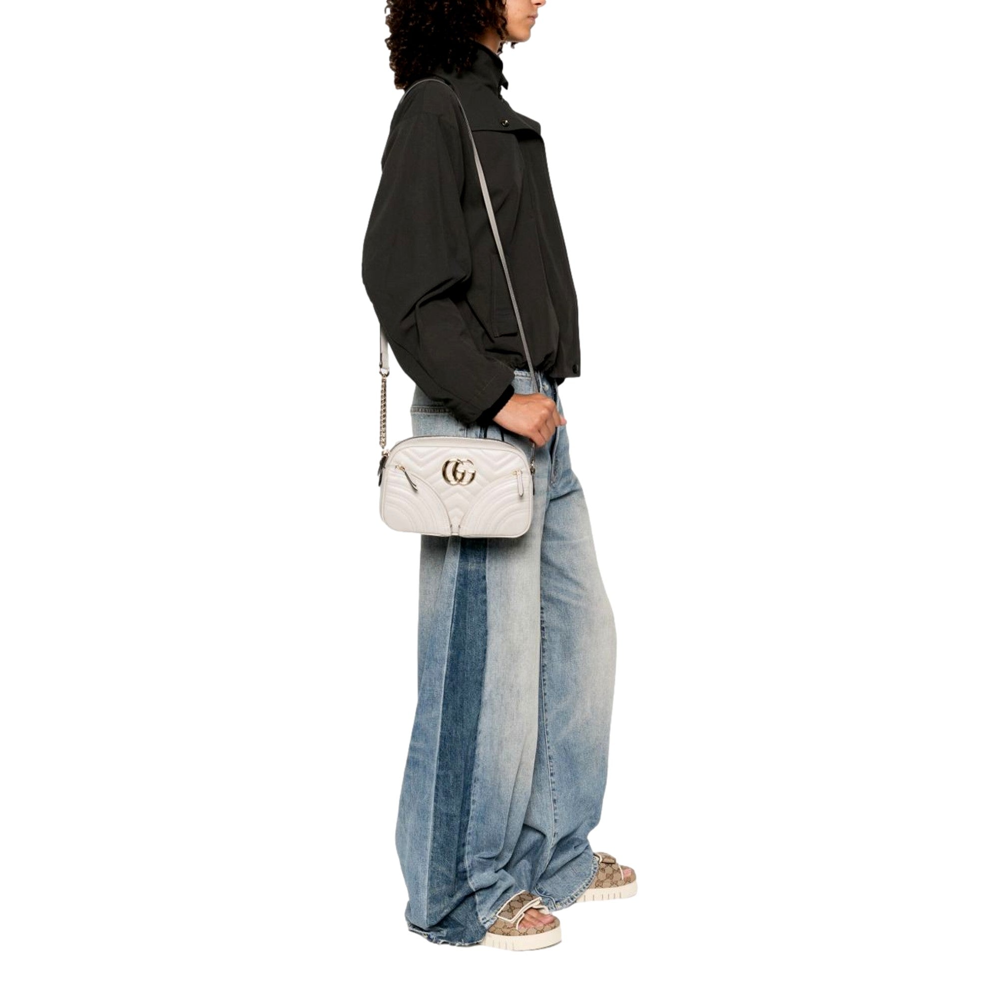 Gucci Marmont Dual Compartment GG Gray Leather Shoulder Bag