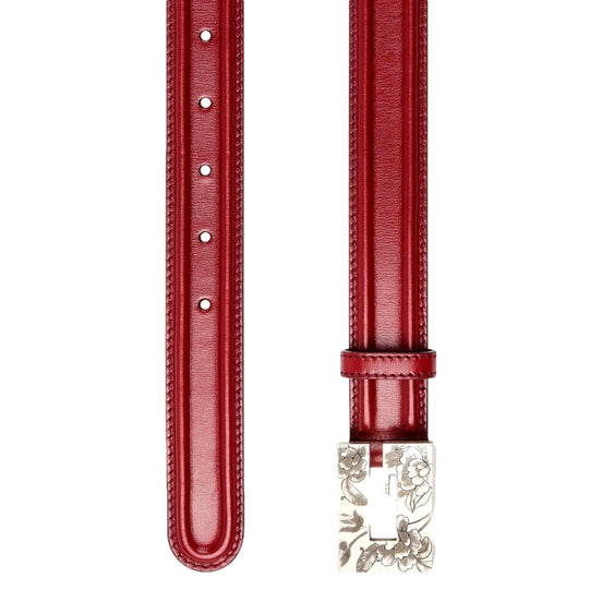Gucci Memorable Floral Engraved G Buckle Leather Belt Burgundy 80/32 available at Queen Bee of Beverly Hills