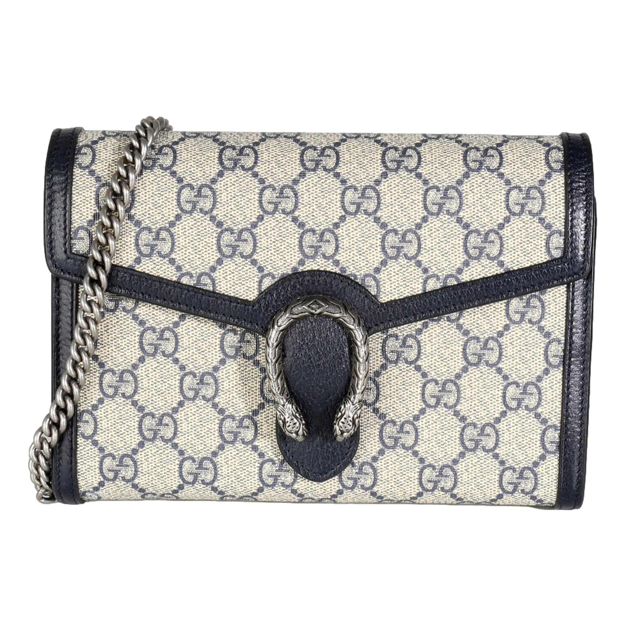 Gucci Navy GG Supreme Canvas Mini Dionysus Chain Wallet available at Queen Bee of Beverly Hills