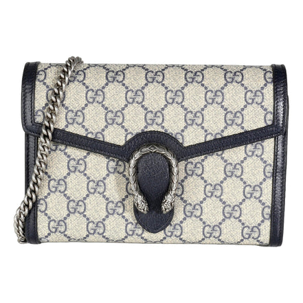 Gucci Navy GG Supreme Canvas Mini Dionysus Chain Wallet available at Queen Bee of Beverly Hills