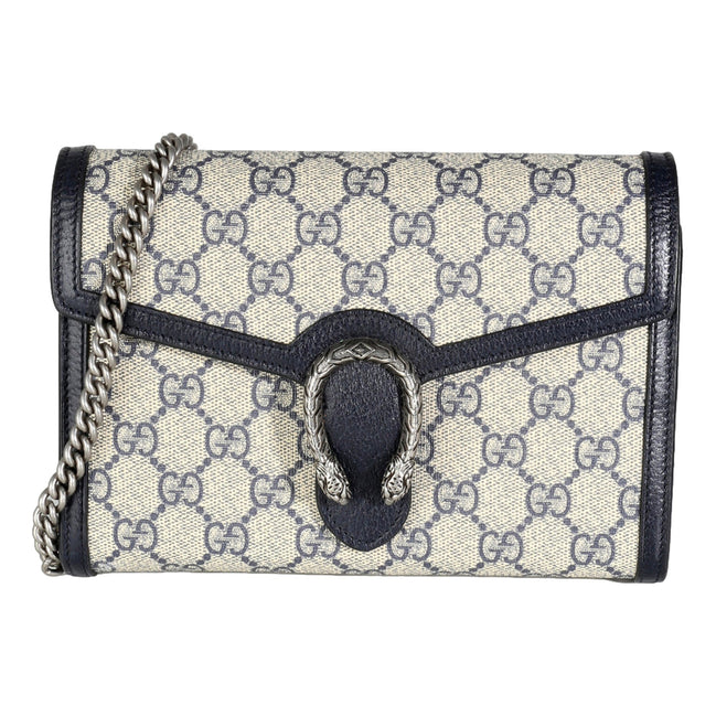 Gucci Navy GG Supreme Canvas Mini Dionysus Chain Wallet available at Queen Bee of Beverly Hills