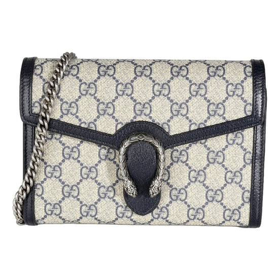Gucci Navy GG Supreme Canvas Mini Dionysus Chain Wallet available at Queen Bee of Beverly Hills
