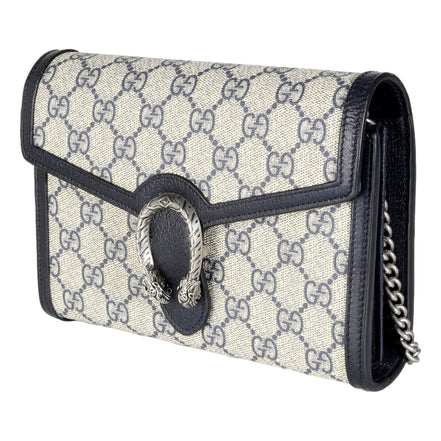 Gucci Navy GG Supreme Canvas Mini Dionysus Chain Wallet available at Queen Bee of Beverly Hills
