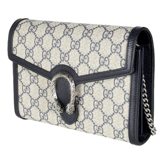 Gucci Navy GG Supreme Canvas Mini Dionysus Chain Wallet available at Queen Bee of Beverly Hills