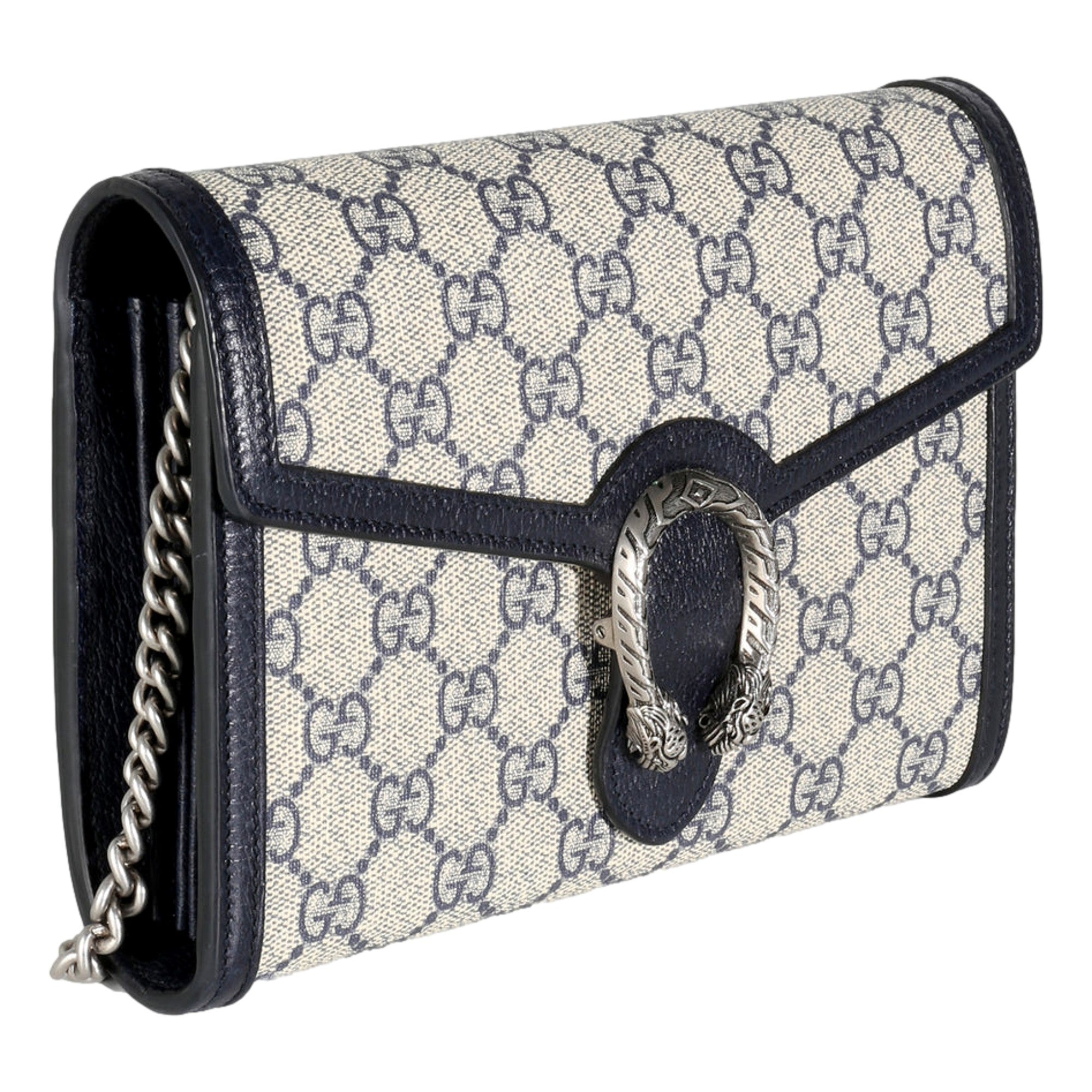 Gucci Navy GG Supreme Canvas Mini Dionysus Chain Wallet available at Queen Bee of Beverly Hills