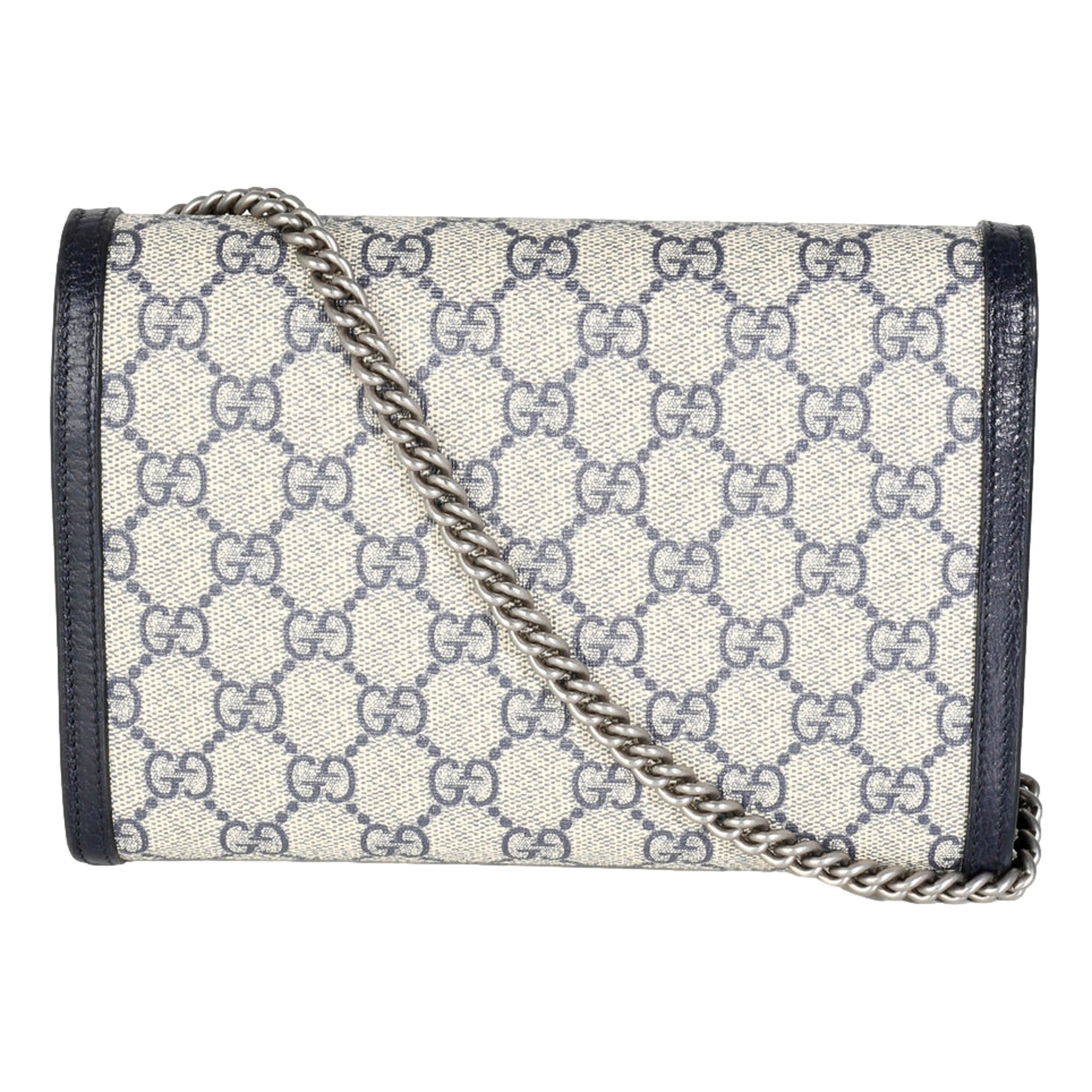 Gucci Navy GG Supreme Canvas Mini Dionysus Chain Wallet available at Queen Bee of Beverly Hills