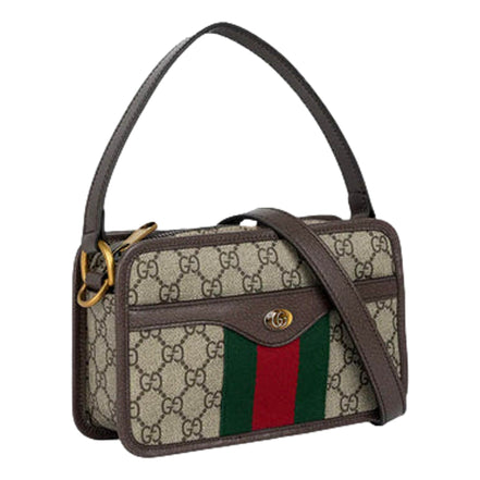 Gucci Ophida GG Supreme Canvas Leather Webstripe Top Handle Crossbody Handbag available at Queen Bee of Beverly Hills