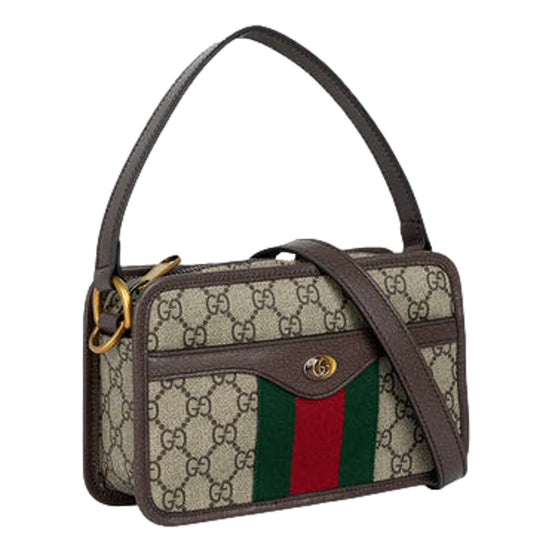 Gucci Ophida GG Supreme Canvas Leather Webstripe Top Handle Crossbody Handbag available at Queen Bee of Beverly Hills