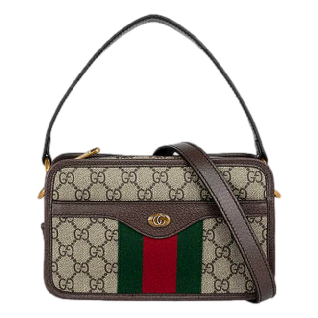 Gucci Ophida GG Supreme Canvas Leather Webstripe Top Handle Crossbody Handbag available at Queen Bee of Beverly Hills